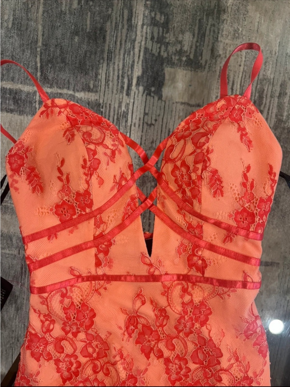 bebe Coral and Red Lace Crisscross Mini Dress - Picture 3 of 8